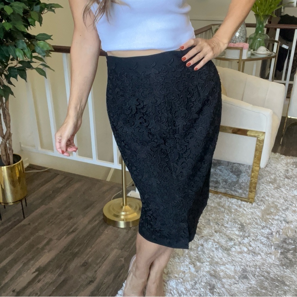 GENNY Vtg Wool Black Knee Length Crochet Lace Straight Slit Pencil Skirt Y2K M